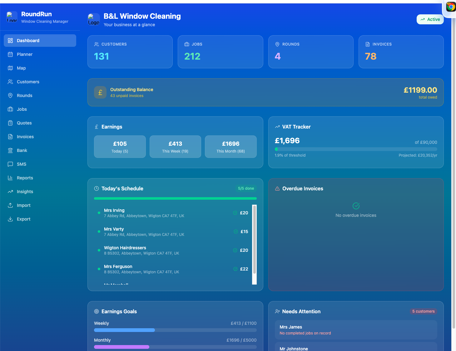 RoundRun window cleaning software dashboard