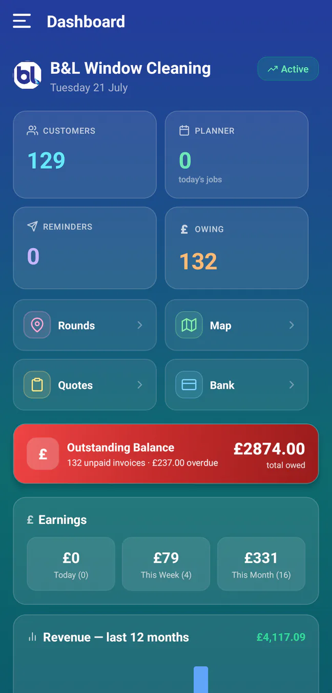 RoundRun Android dashboard showing customers, planner, reminders, money owed, shortcuts and earnings