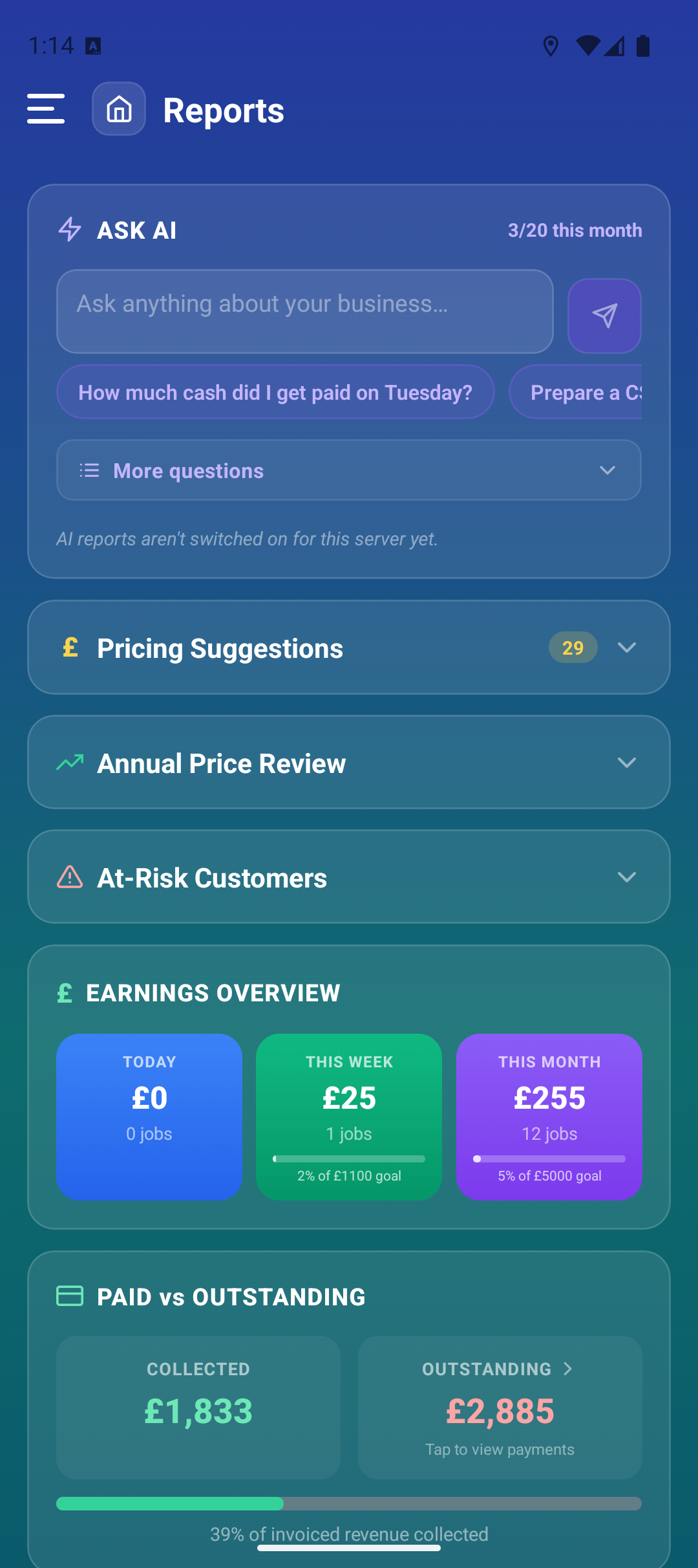 The real RoundRun Reports screen with an example Ask AI answer using demo data