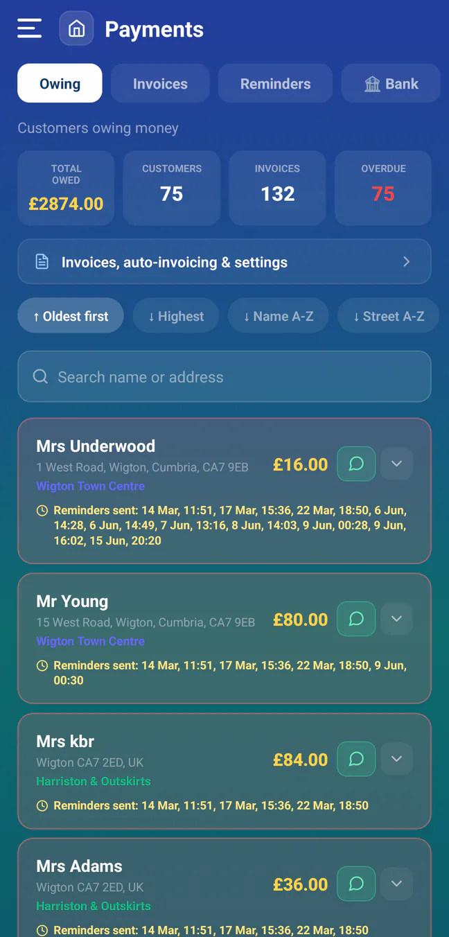 RoundRun payments and customer debt screen