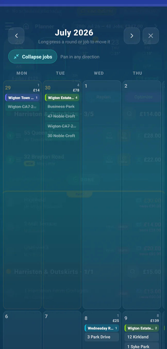 RoundRun expanded monthly planner showing individual customer addresses inside each round
