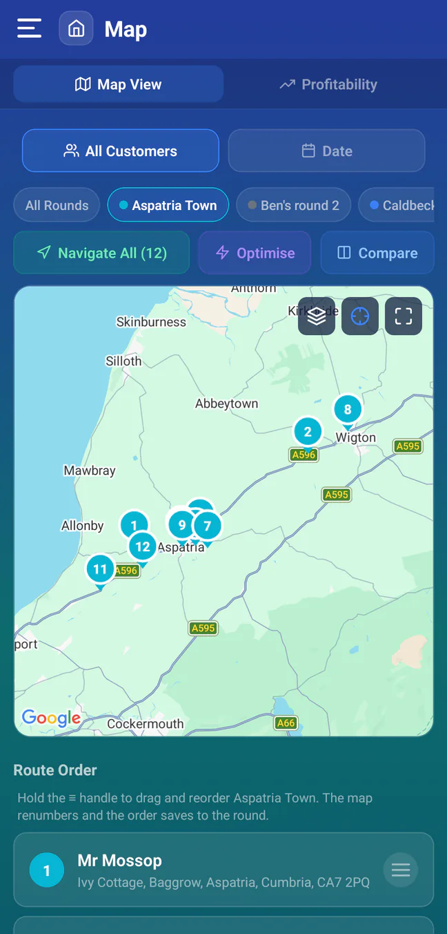 RoundRun route map showing the next stops on a window-cleaning round