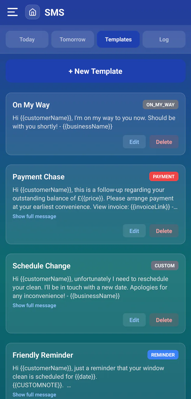 RoundRun customer message templates on Android