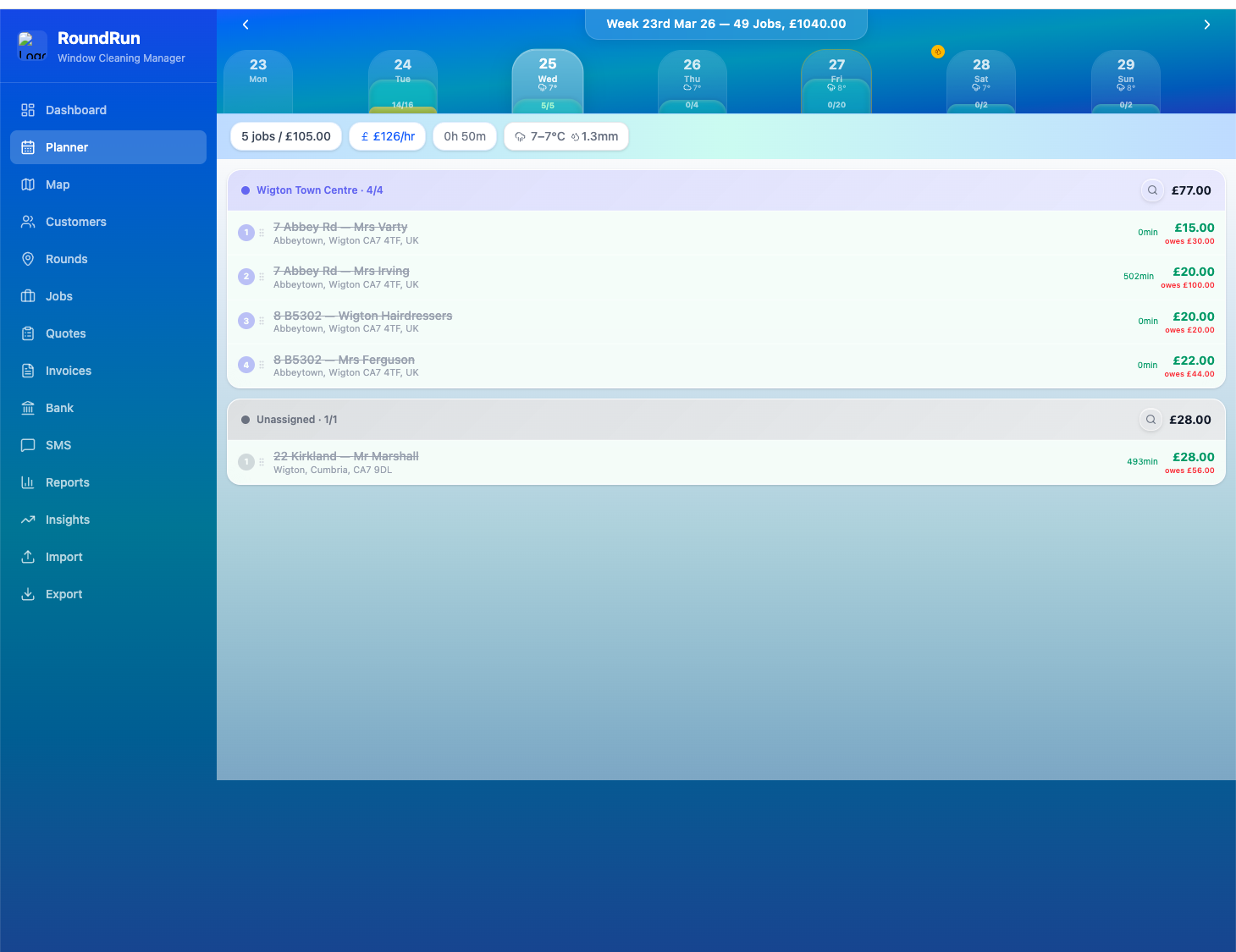 RoundRun window cleaning planner showing scheduled rounds and jobs